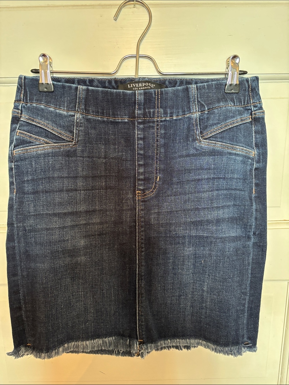Liverpool Dark Blue Denim Pencil Skirt with Raw Hem
